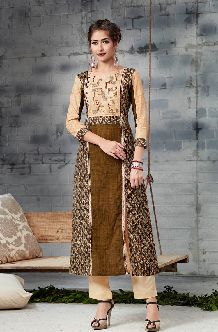 Brown & Fawn Kurti w/ Light Embroidery ( L / 2XL ) 37006 Buy Online